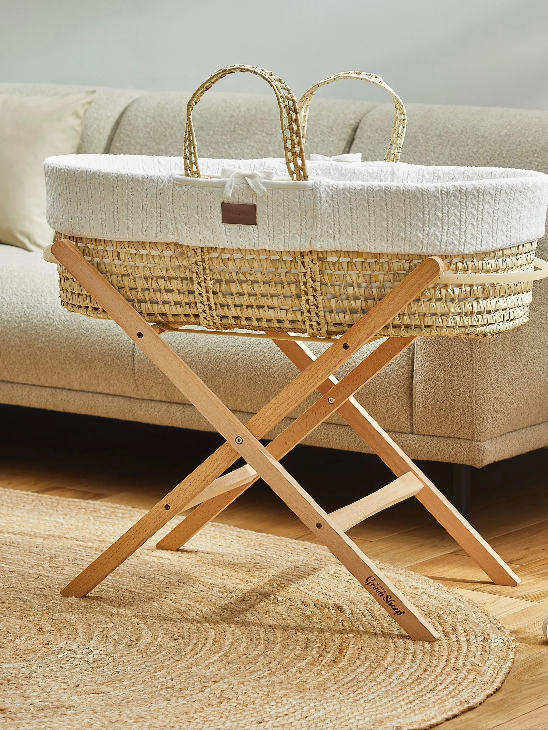 The Little Green Sheep White Cable Knit Moses Basket and Mattress