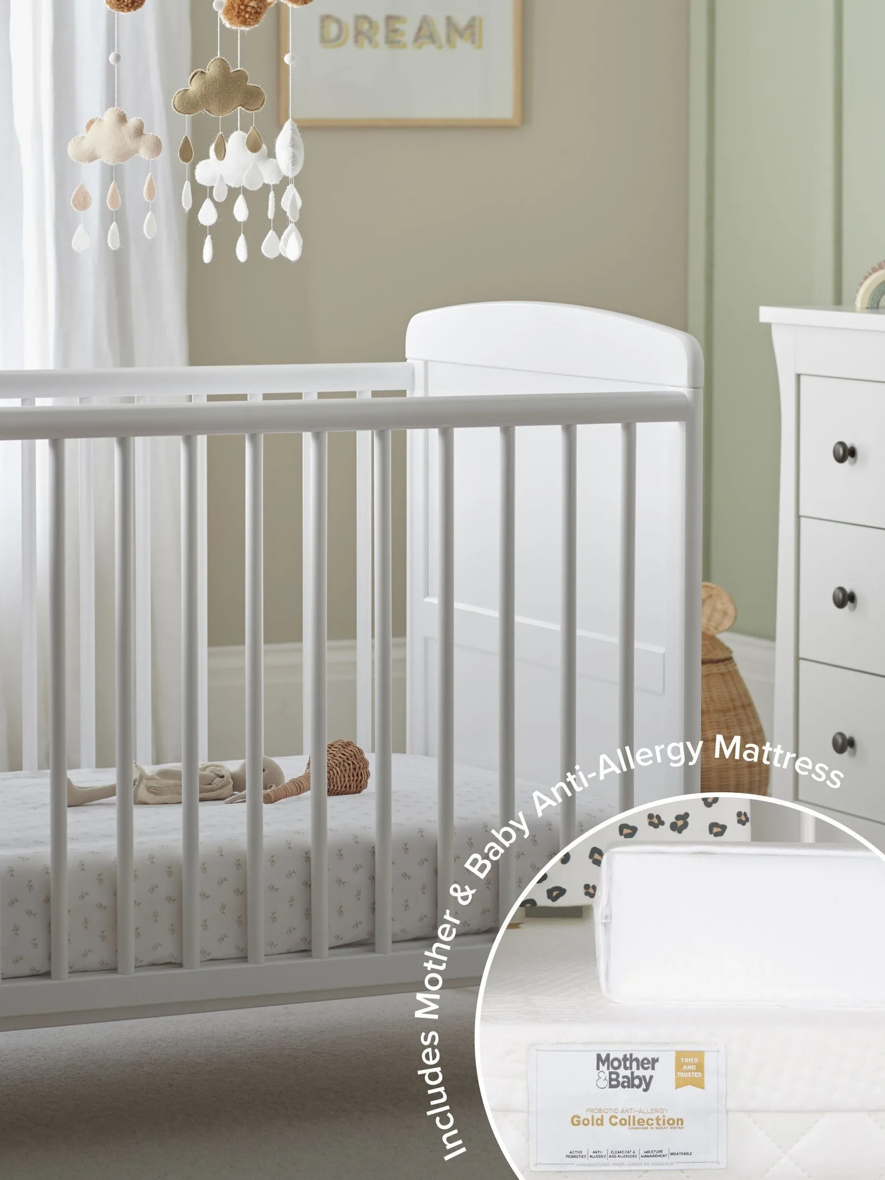 CuddleCo White Juliet Cot Bed With Mother&Baby First Gold Foam Mattress